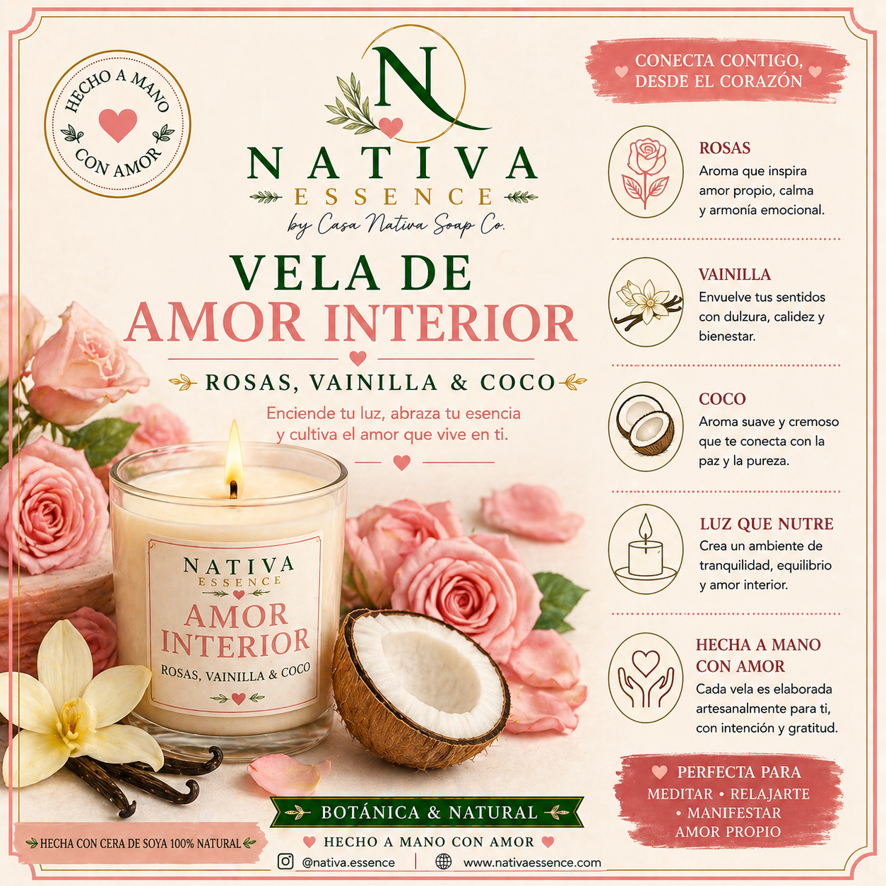 Vela Amor Interior — Rosas, Vainilla & Coco