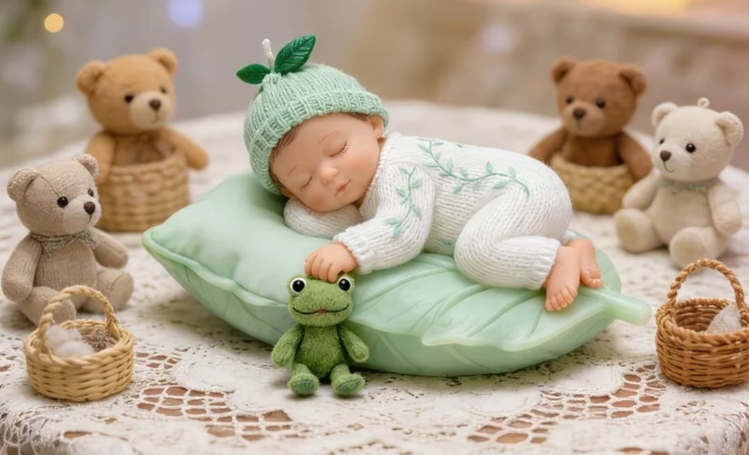 CUTE SLEEPING BABY ON LEAF PILLOW WITH FROG - SET 30, CANDLES IN 3D.